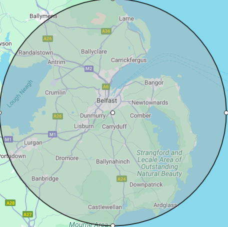 The Lock Ninja Locksmiths Belfast 25-mile service coverage area map across Northern Ireland