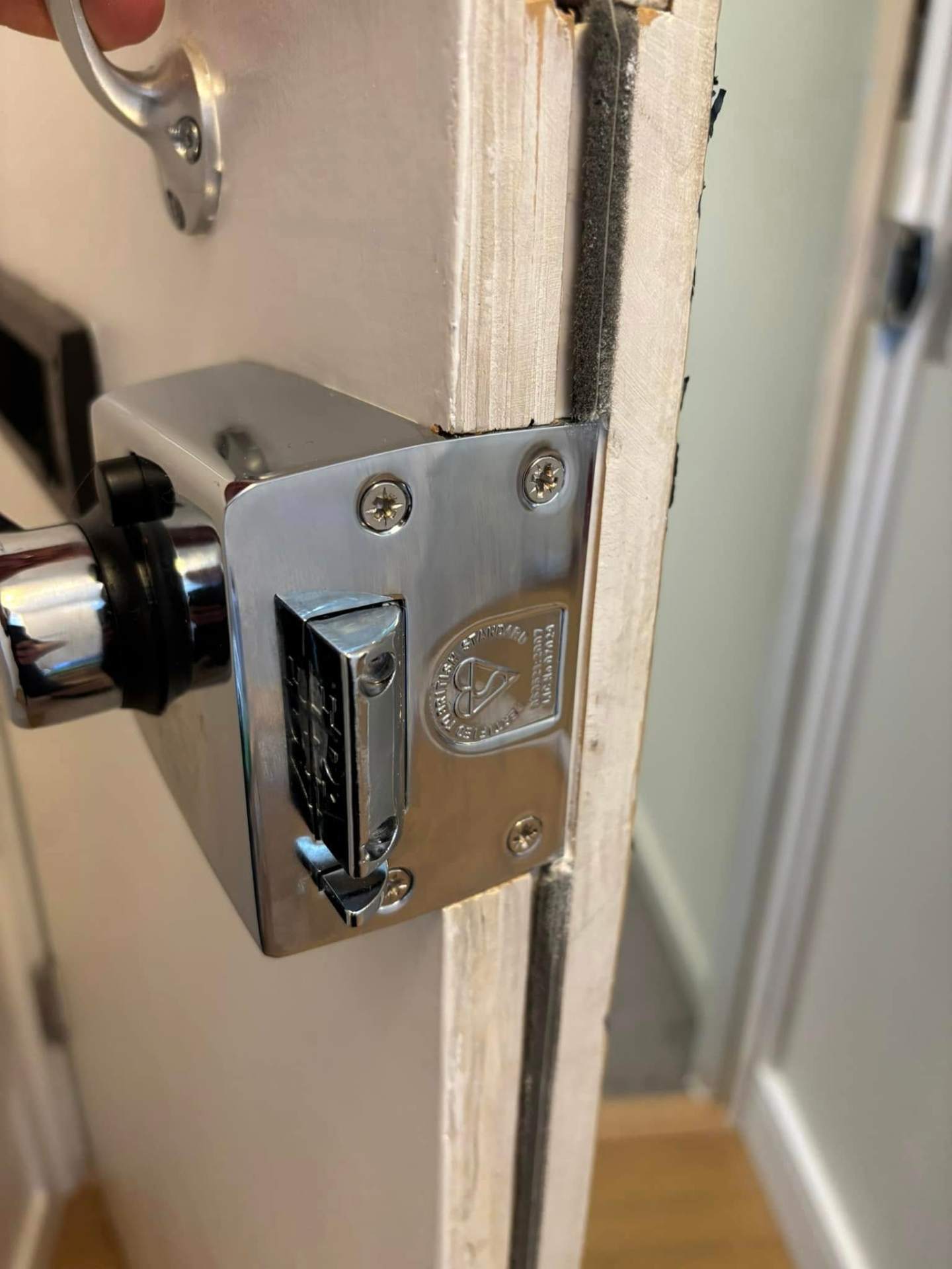 British Standard BS3621 insurance-approved mortice lock installed on Belfast door